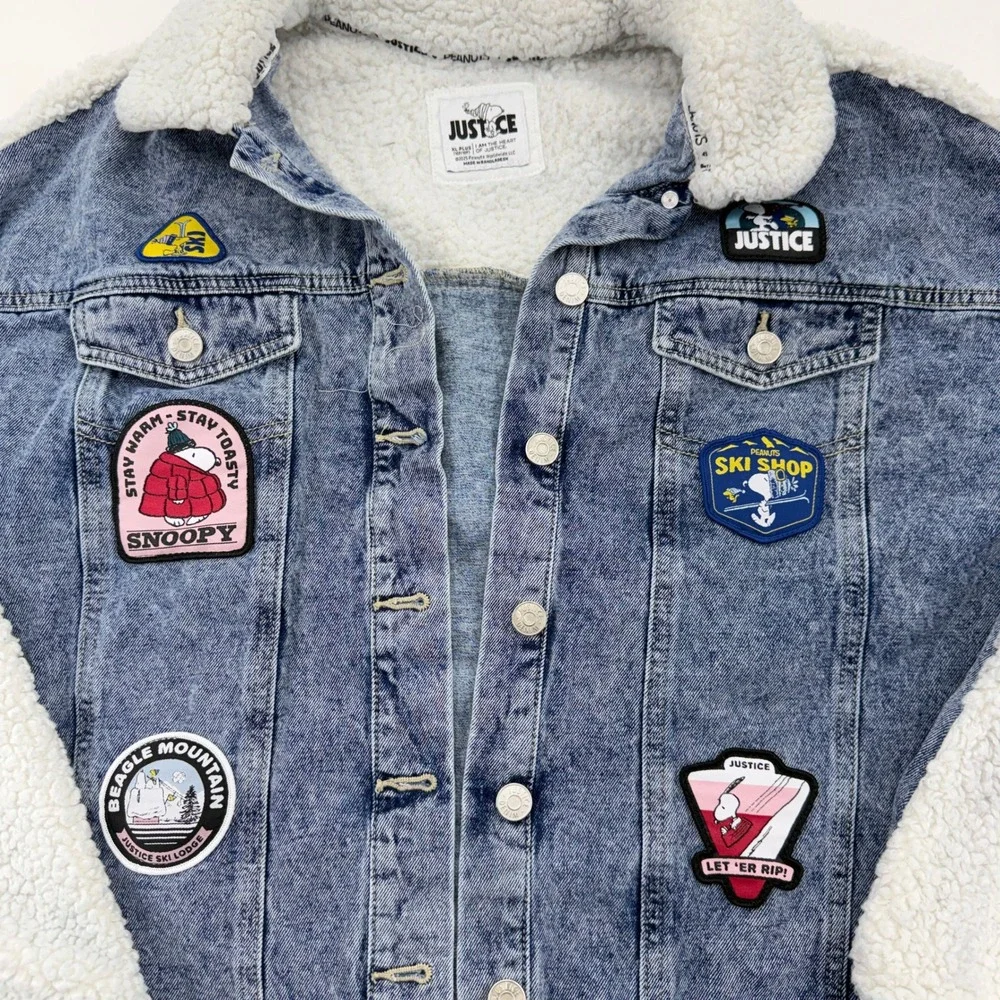 Justice Peanuts Snoopy Sherpa Denim‎ Jacket Blue Acid Wash Girls XL Plus 16P 18P